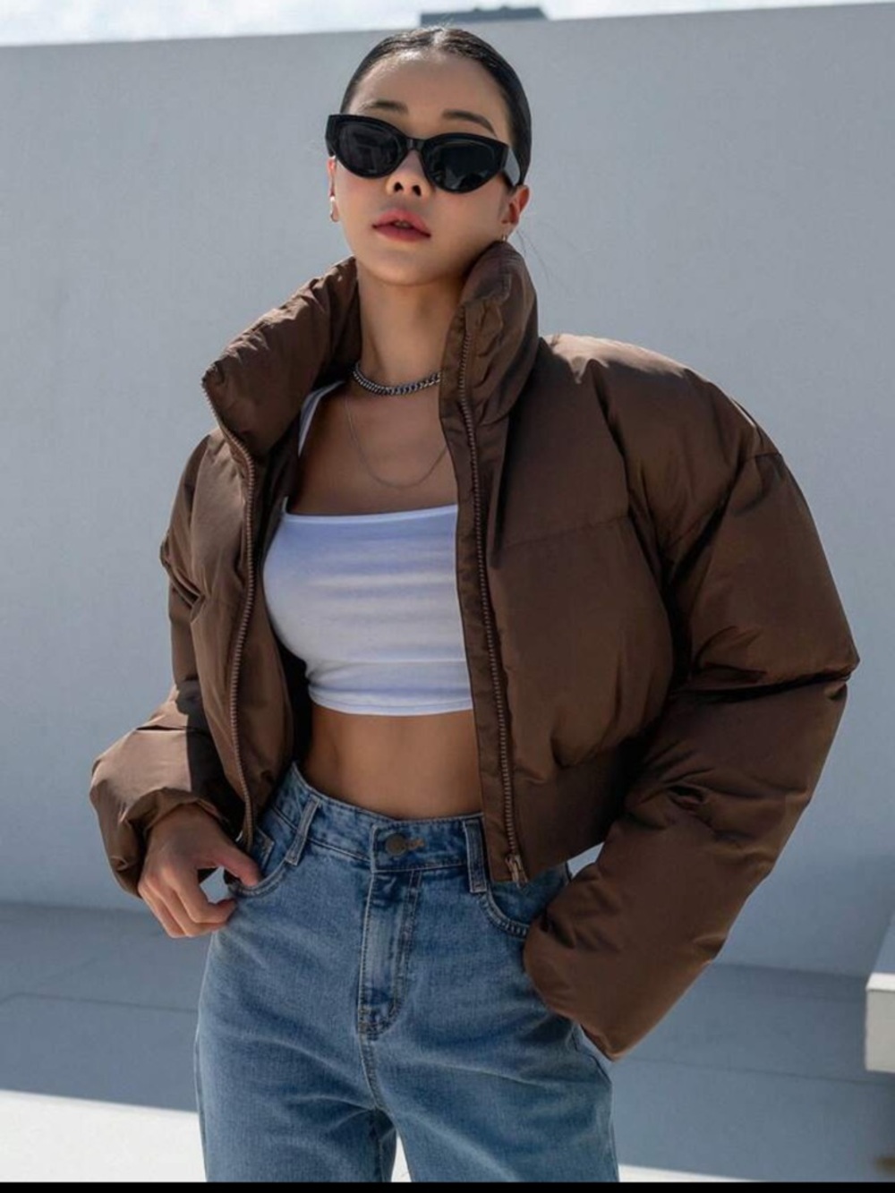 SHEIN Brown Cropped Puffer Jacket with High Collar